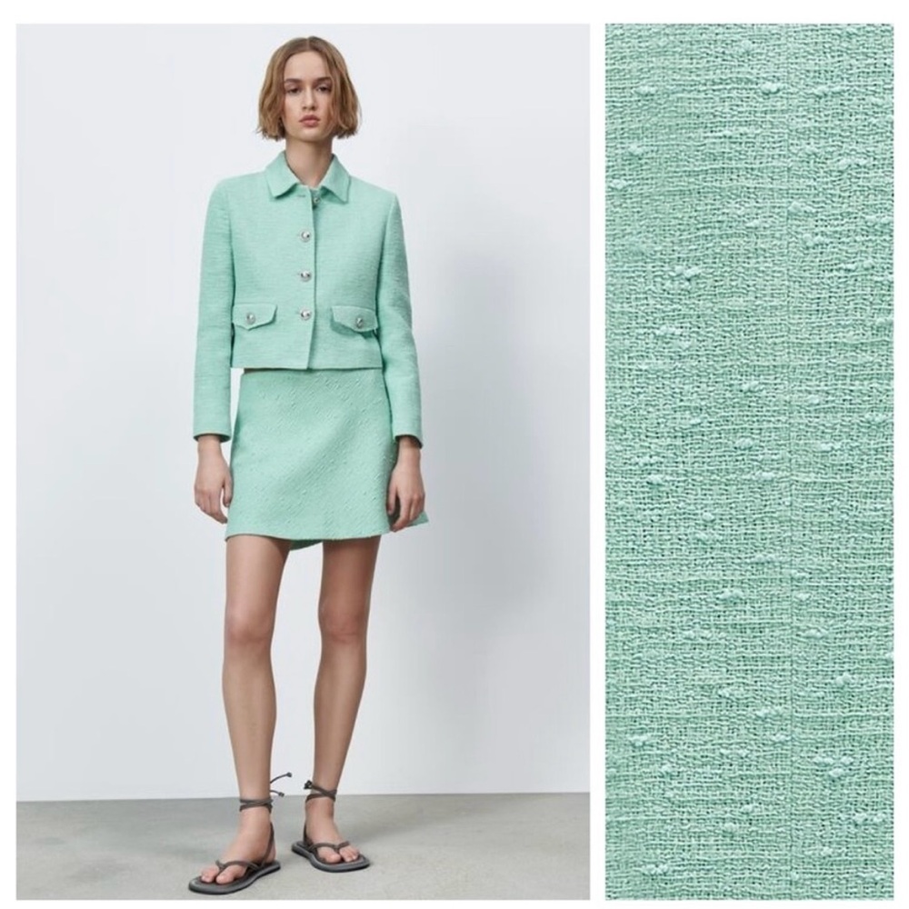 Zara Mint Green Tweed Textured Skirt
